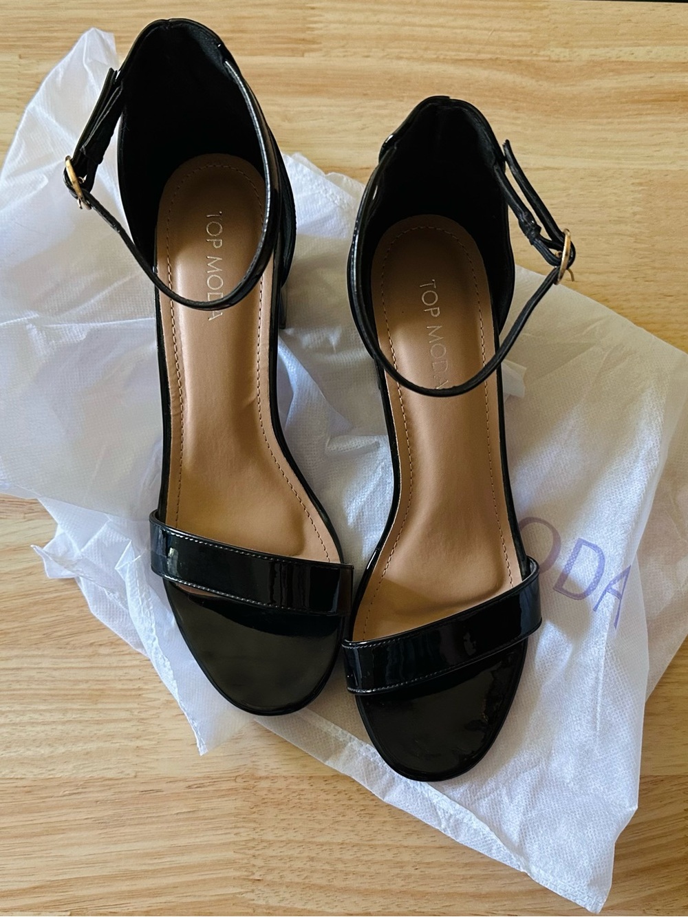 TOP Moda Black Patent Ankle-Strap Block Heels - size 9
